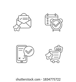 Service quality marks linear icons set. Reminder and organizer notification. Email check. Customizable thin line contour symbols. Isolated vector outline illustrations. Editable stroke