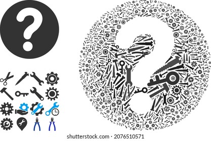 Service query composition of service tools. Vector query is organized with cogs, spanners, and other tools, and based on query icon. Concept of technician company.