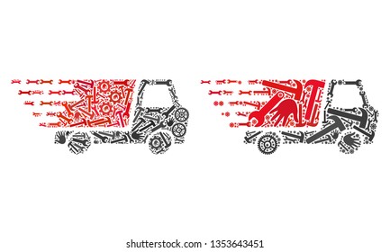 Service quick delivery icon mosaic of tools. Abstract vector quick delivery symbol is created of cogs, hands, hammers and spanners. Concept of maintenance service.