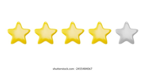 Calificación del servicio. Ilustración vectorial 3D en estilo de dibujos animados de cuatro estrellas amarillas de cinco puntas dispuestas en fila. Elemento ideal para diseños con fondo aislado.