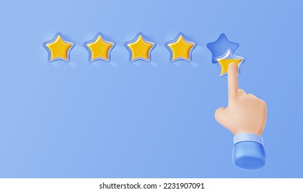 Service rating, customer feedback concept with five transparent stars and human hand. Client review background with hand set gold star on place, vector 3d illustration