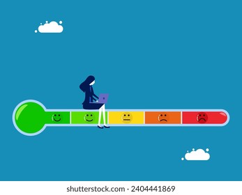 Service rating level. Businesswoman on the emotional level bar vector