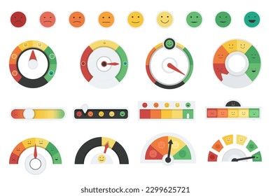 Service rating or mood scale, pain chart. Measuring happiness, speedometer emotions different levels. Customer satisfaction decent vector elements