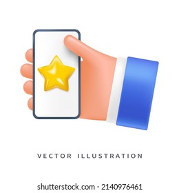 Service rating, positive or negative feedback,  phone in the user's hand, 3d style for graphic design. Hand with phone in vector cartoon comic style.