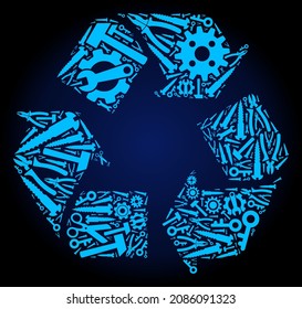 Service recycle arrows composition of service tools on a dark blue gradient background. Vector recycle arrows is shaped with blue gearwheels, wrenches, and other tools,