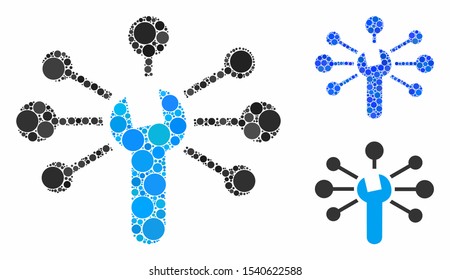 Service relations mosaic of circle elements in different sizes and color tints, based on service relations icon. Vector circle elements are united into blue illustration.
