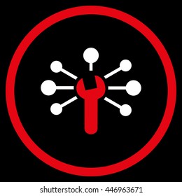 Service Relations vector bicolor icon. Image style is a flat icon symbol inside a circle, red and white colors, black background.