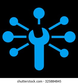 Service Relations vector icon. Style is flat symbol, blue color, rounded angles, black background.
