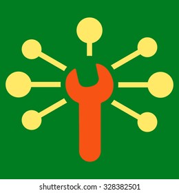 Service Relations vector icon. Style is bicolor flat symbol, orange and yellow colors, rounded angles, green background.