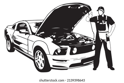 Service and repair of the car. Auto Mechanic on the background of the car. Vector illustration in silhouette style