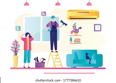 Service for repair and maintenance of conditioners. Handyman holding wrench and fixing air conditioning. Female client waits until master finishes work. Man stands on ladder. Flat vector illustration 