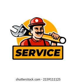 Service repair, plumbing worker emblem logo design.