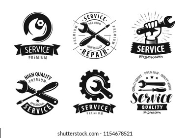 Service, repair set of labels or logos. Maintenance work icon. Vector