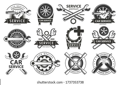 Service, repair set of labels or logos.Maintenance work. High quality. Hammer, wrench, washer, screwdriver elements in logotype. Monochrome sign.