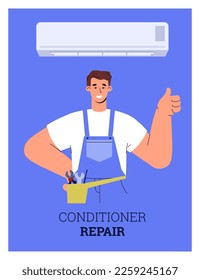 Service for repairing or installing air conditioner units, flat cartoon vector illustration. Advertising banner with cooling air conditioner system maintenance.