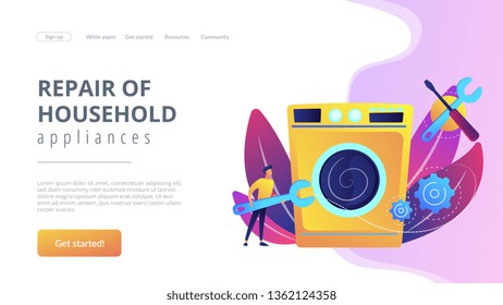 Service repairman with big wrench repairing washing machine. Repair of household appliances, smart TV service, household master services concept. Website vibrant violet landing web page template.