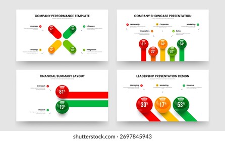 Service Review Vier Fünf Zwei Drei-Optionen-Infografik-Diashow Layout Vektor Illustration Collection. Verkaufsangebot 4 5 2 3-Stufen-Diagramm Foliendesign-Paket.