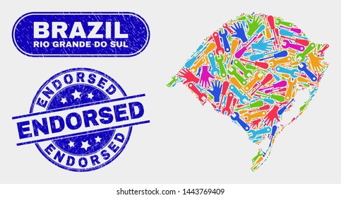 Service Rio Grande do Sul State map and blue Endorsed scratched seal. Bright vector Rio Grande do Sul State map mosaic of productivity parts. Blue round Endorsed seal.