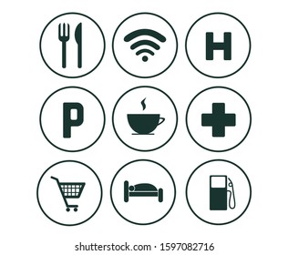 Service road pointers. Set of road icons: restaurant, wifi, hospital, parking, cafe, pharmacy, market, hotel, hostel, gas station