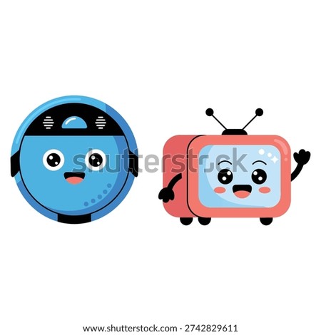 Service robot mascots set, household helper, cleaning robot, retro television buddy, robotics fair banner, coding lab session, demo arena