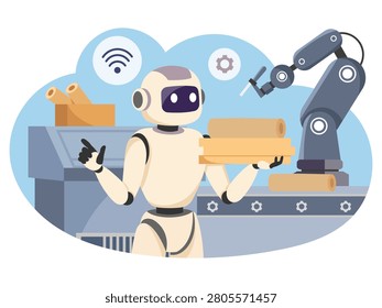 A service robot with a robotic arm in a factory on a light background, symbolizing modern automation. Vector illustration