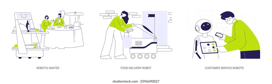 Service robots abstract concept vector illustration set. Robotic waiter with trays serving in restaurant, food delivery robot, autonomous courier, customer service humanoid machine abstract metaphor.