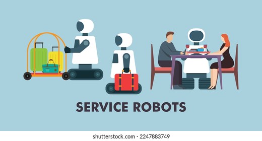 Service robots in hospitality industry 2d vector illustration concept for banner, website, illustration, landing page, flyer, etc
