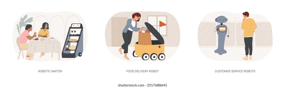 Serviço robôs isolados desenhos animados vetor ilustrações conjunto. Garçom robótico com bandejas que servem no restaurante, robô de entrega de alimentos, mensageiro autônomo, serviço ao cliente humanoide máquina vetor cartoon.