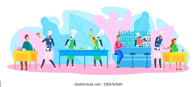 Robots de servicio en el restaurante. Automático Waiter, Cook y Barman. Robótica industrial. Tecnología futurista. AI industrial. Robot de personas e innovación. Concepto de Inteligencia Artificial. Vector EPS 10.