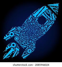 Service rocket launch mosaic of service tools on a dark blue gradient background. Vector rocket launch is made from blue cogwheels, wrenches, and other instruments, and based on rocket launch icon.