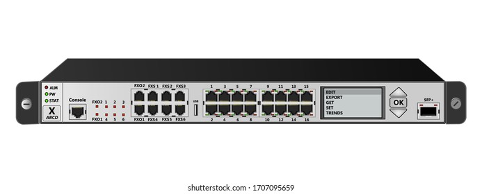 The service router for mounting with a 19-inch rack has 16 Ethernet ports, SFP+ port, USB ports, 6 FXS ports, 2 FXO port and Router Management Screen. Vector illustration.