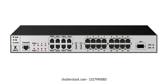 The service router for use in corporate communication networks has 16 Ethernet ports, 1 1000Base-X SFP port, 2 USB ports, 6 FXS ports, 2 FXO port. Vector illustration.