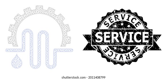 Service rubber seal imitation and vector water supply service mesh structure. Black seal includes Service caption inside ribbon and rosette. Abstract flat mesh water supply service,