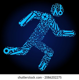 Service running man collage of service tools on a dark blue gradient background. Vector running man is made of blue gear wheels, spanners, and other tools, and based on running man icon.
