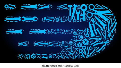 Composición de la boquilla de servicio de las herramientas de servicio en un fondo de degradado azul oscuro. El bolido de ráfaga vectorial está construido con tazas azules, spanners y otras herramientas, y basado en el ícono del bolido de precipitación.