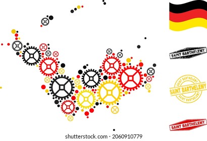 Service Saint Barthelemy map collage and stamps. Vector collage is formed with workshop items in variable sizes, and Germany flag official colors - red, yellow, black.