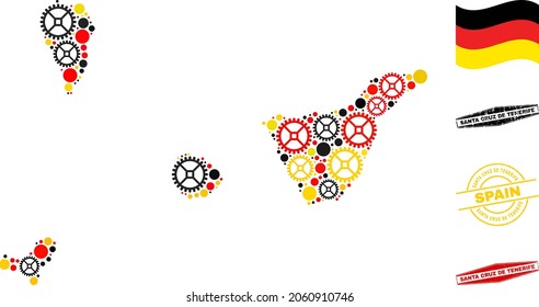 Service Santa Cruz de Tenerife Province map collage and seals. Vector collage is composed of industrial items in different sizes, and Germany flag official colors - red, yellow, black.