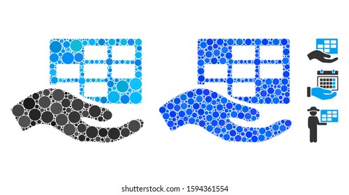 Service schedule composition of filled circles in variable sizes and shades, based on service schedule icon. Vector filled circles are combined into blue illustration.