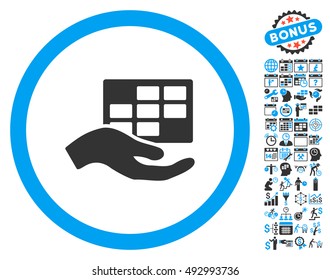 Service Schedule Hand icon with bonus calendar and time management design elements. Vector illustration style is flat iconic bicolor symbols, blue and gray colors, white background.