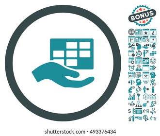 Service Schedule Hand icon with bonus calendar and time management clip art. Vector illustration style is flat iconic bicolor symbols, soft blue colors, white background.