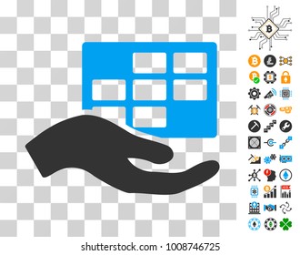 Service Schedule icon with bonus bitcoin mining and blockchain design elements. Vector illustration style is flat iconic symbols. Designed for bitcoin apps.