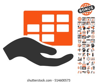 Service Schedule icon with bonus calendar and time management symbols. Vector illustration style is flat iconic bicolor symbols, orange and gray colors, white background.