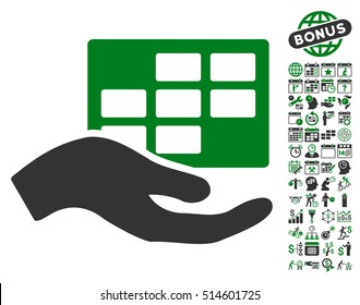 Service Schedule icon with bonus calendar and time management symbols. Vector illustration style is flat iconic bicolor symbols, green and gray colors, white background.