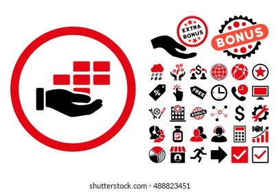 Service Schedule icon with bonus symbols. Vector illustration style is flat iconic bicolor symbols, intensive red and black colors, white background.