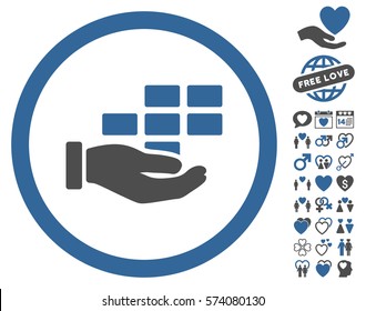 Service Schedule pictograph with bonus love symbols. Vector illustration style is flat rounded iconic cobalt and gray symbols on white background.