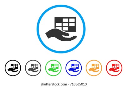 Service Schedule rounded icon. Style is a flat service schedule grey symbol inside light blue circle with black, gray, green, blue, red, orange variants.