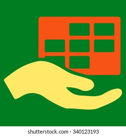 Service Schedule vector icon. Style is bicolor flat symbol, orange and yellow colors, rounded angles, green background.