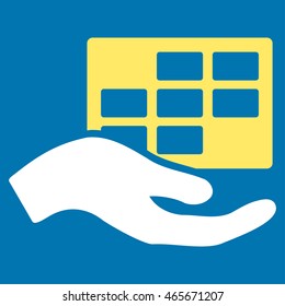 Service Schedule vector icon. Style is bicolor flat symbol, yellow and white colors, rounded angles, blue background.