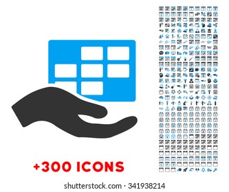 Service Schedule vector pictogram with additional 300 date and time management icons. Style is bicolor flat symbols, blue and gray colors, rounded angles, white background.