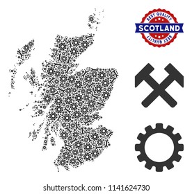 Service Scotland map composition of service tools. Abstract geographic plan in gray color and best quality award. Vector Scotland map is composed of gearwheels and wrenches.